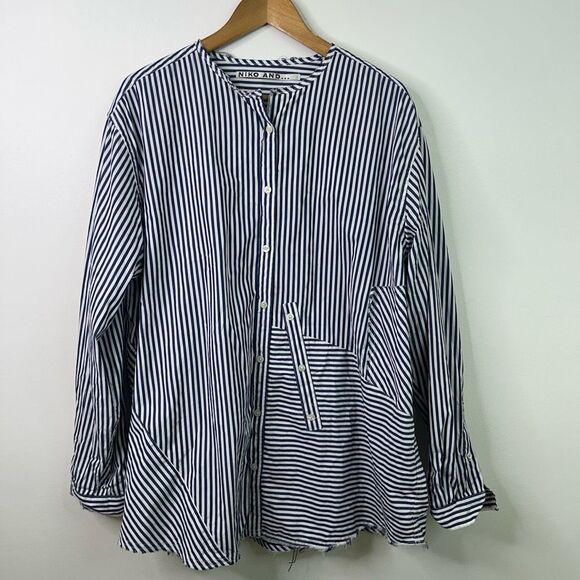 Niko And… Striped Button Down Shirt Women’s Long‎ Sleeve Artsy Cotton Navy Japan - Picture 1 of 16
